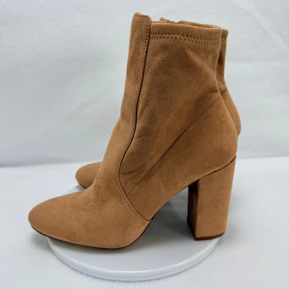 Aldo Suede Ankle Boots Women 7.5 Tan Block Heel Side Zip Neutral Minimalist Chic